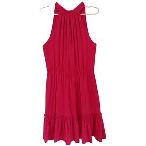 Pink sleeveless halterneck dress with ruffle hem and bow at back, viscose.